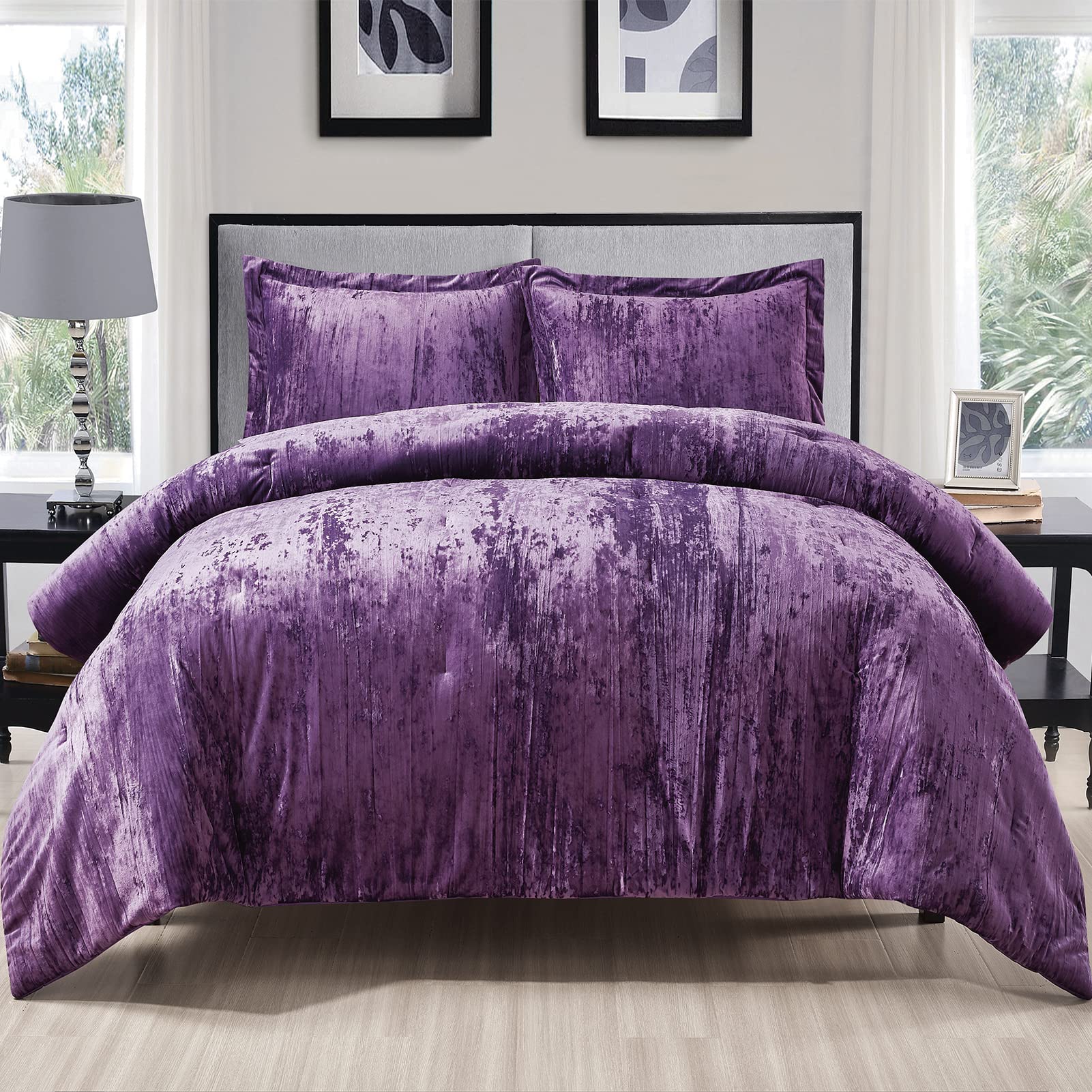 Fredsure Crinkle Velvet Comforter Set, 3 Pieces Purple King, Crinkle Velvet Face And Brushed Microfiber Reverse
